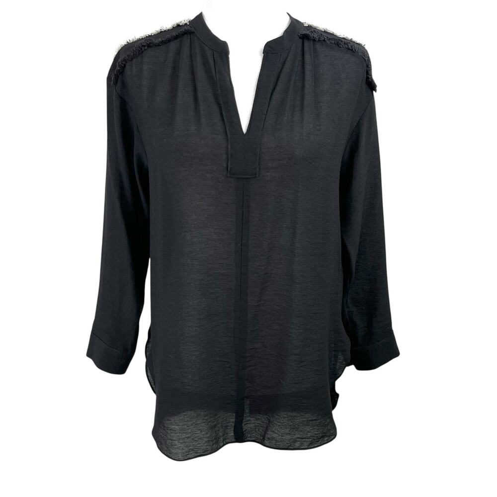 Minimalist Black Sheer Tunic Blouse Shoulder Fringe Avant Garde Chic Y2K L/XL